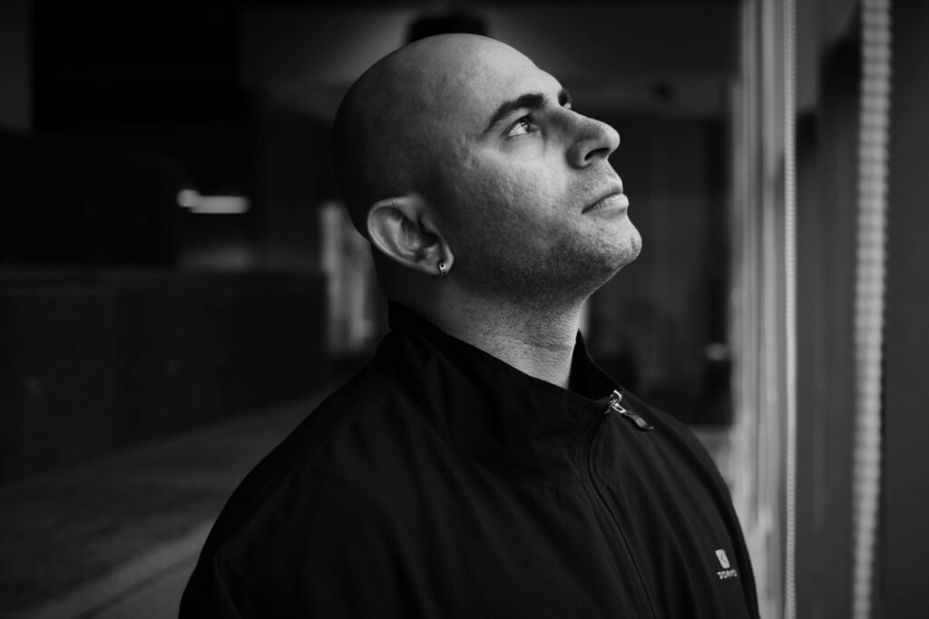 person looking back with forward steps